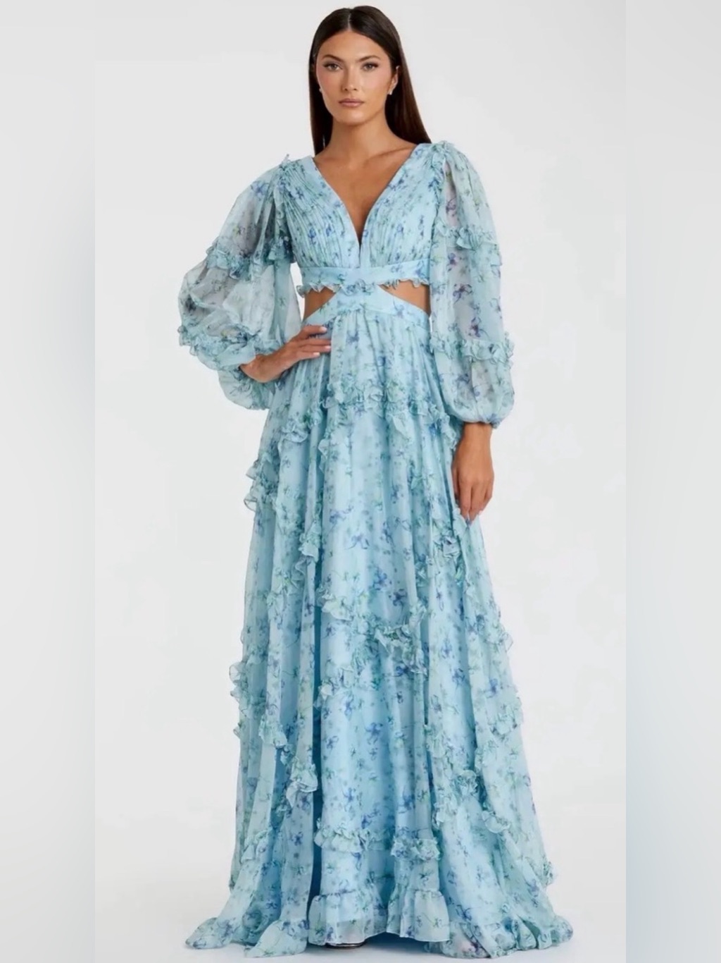 Mac Duggal Blue Floral Ruffle Cutout Maxi Gown Nwt Size 0